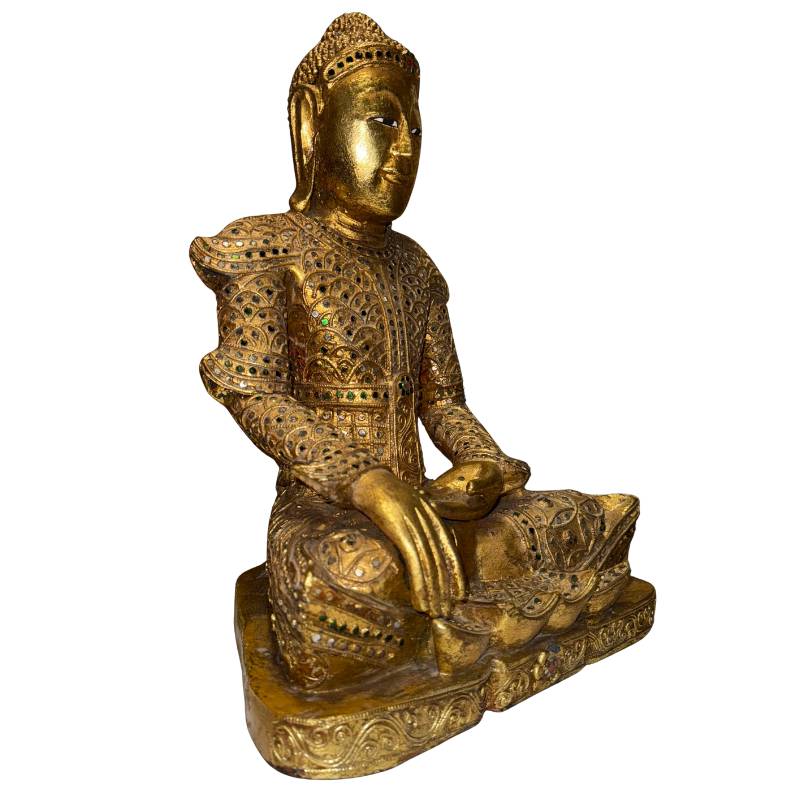Burmese Buddha statue in Mandalay style with rich glass decoration and gilded finish