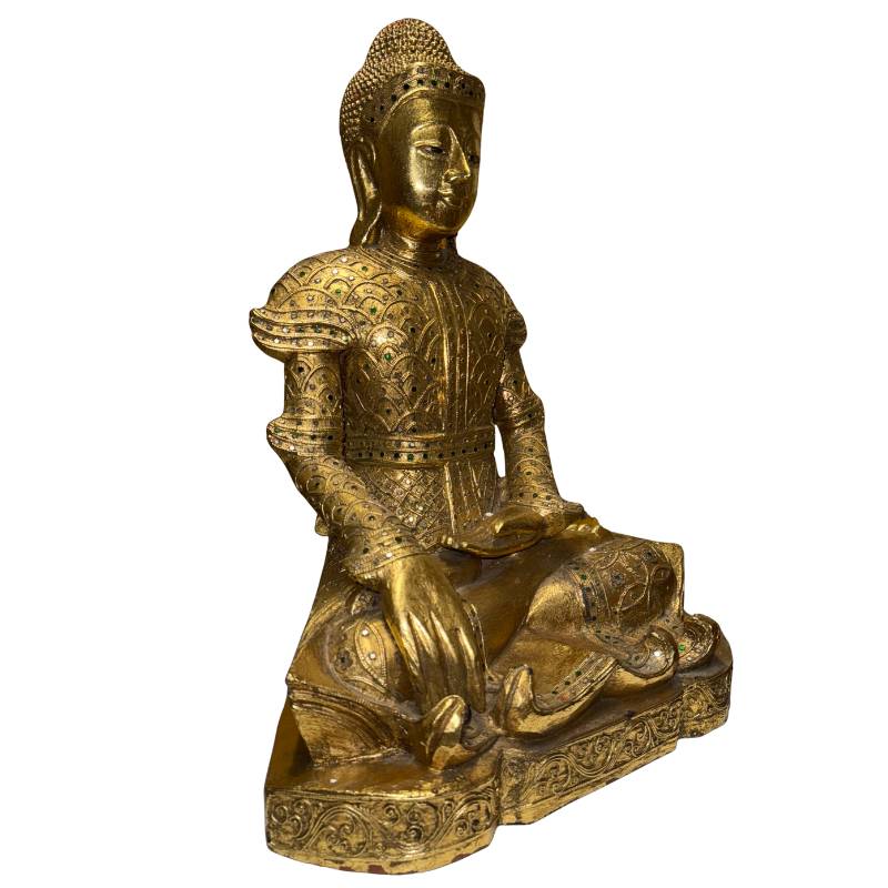 Burmese Buddha statue in Mandalay style with gilded finish and richly decorated robe