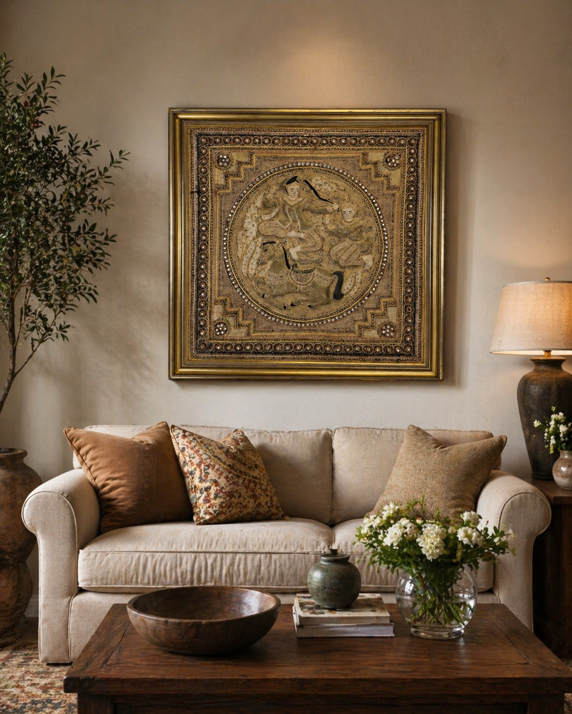 Burmese embroidery art object with beads and fine details in a living room