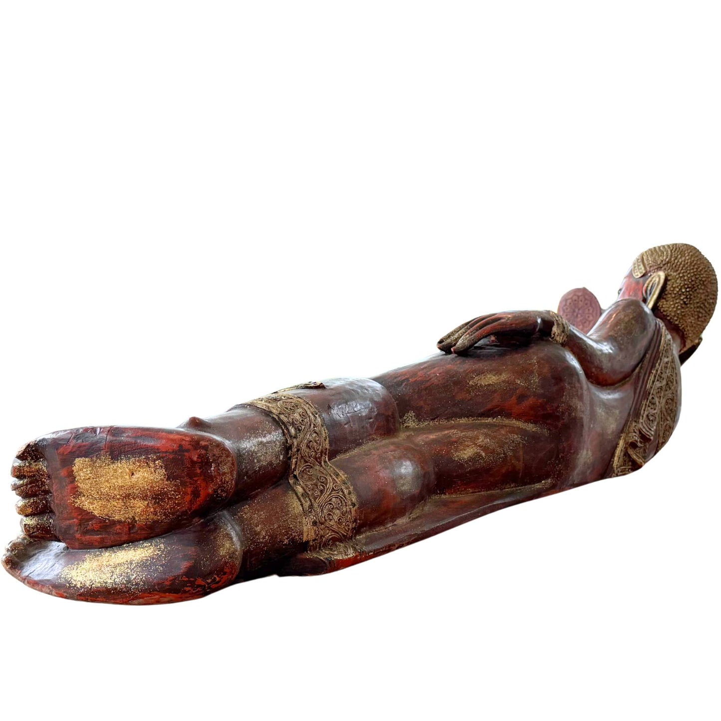 Slanted rear view of the solid wood Burmese Buddha for Tuesday