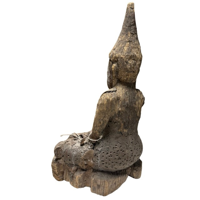 Burmese Shan Buddha statue with remnants of old lacquer, patina, and natural wood aging