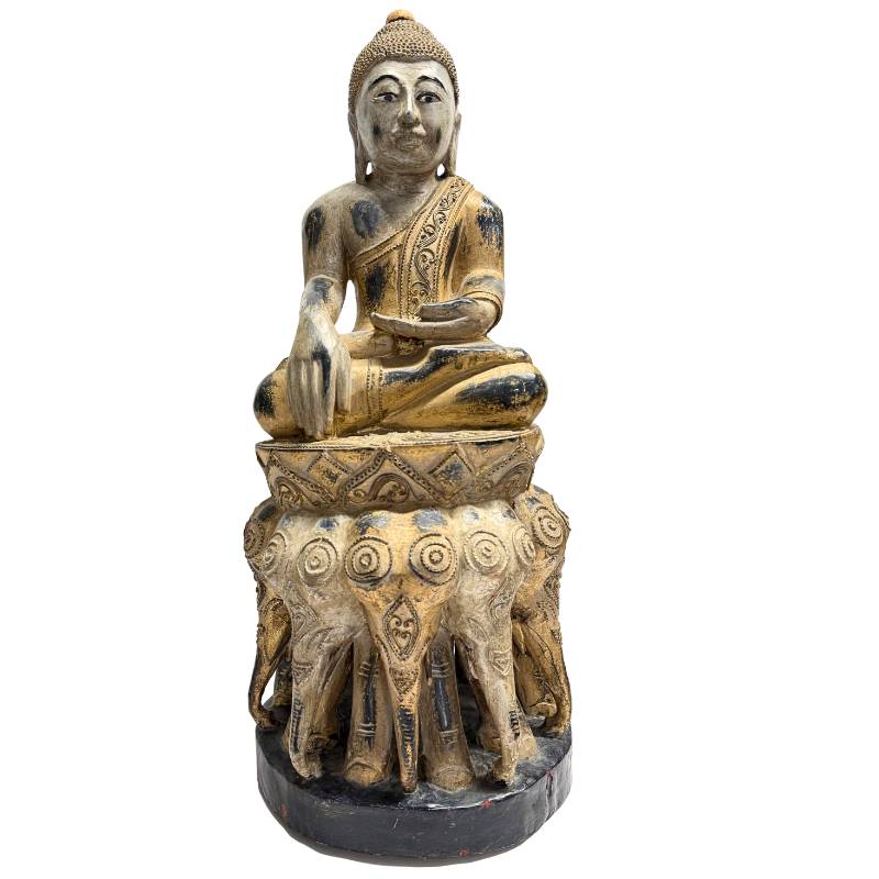 Burmese wooden Buddha statue with elephant base in mandala style