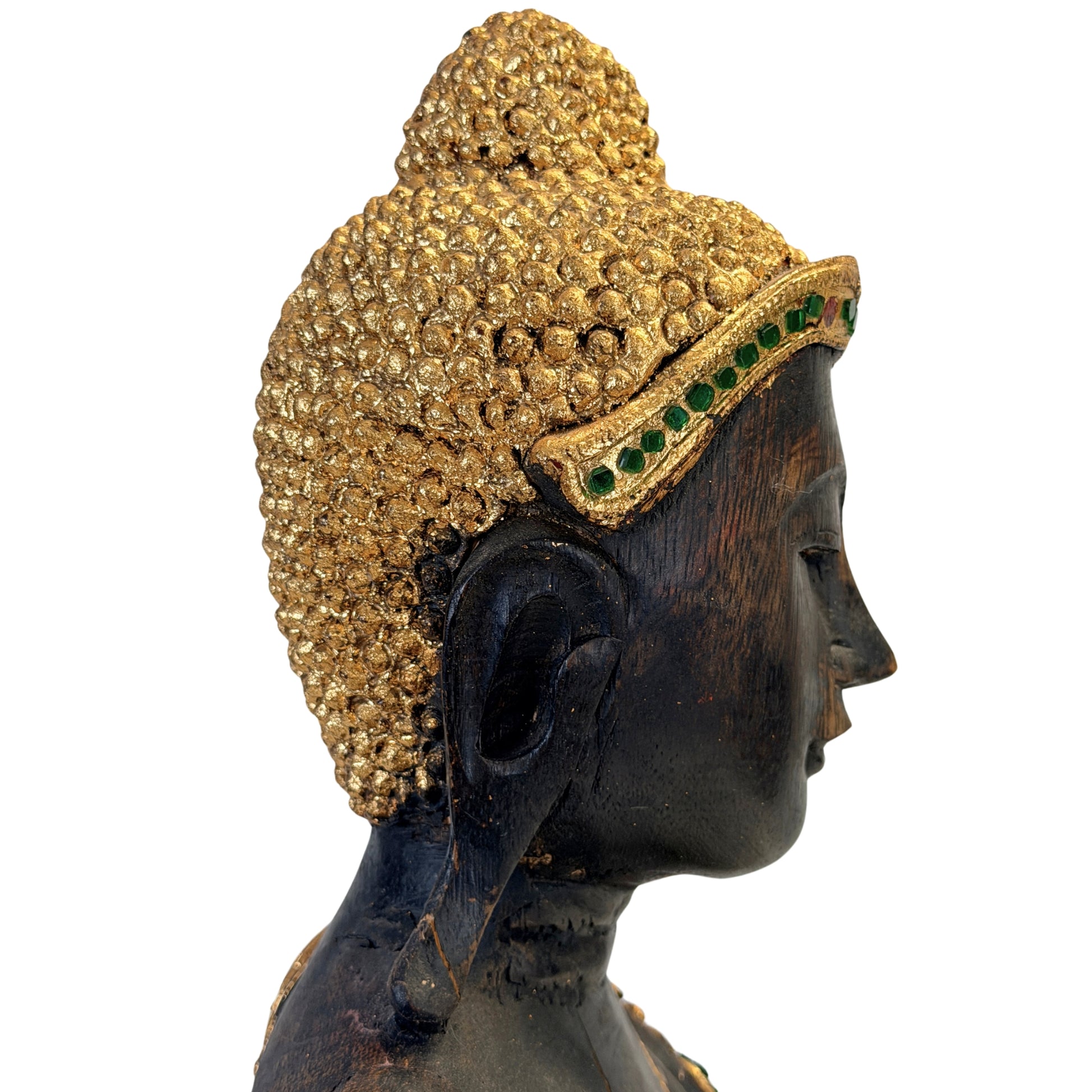 Three-quarter rear view of the antique Burmese wooden Buddha
