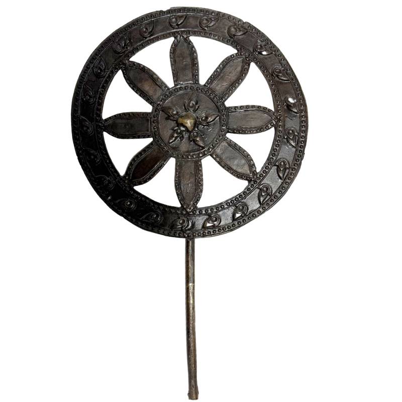 Burmese Buddha Dharmachakra Mudra bronze statue wheel detail with old patina