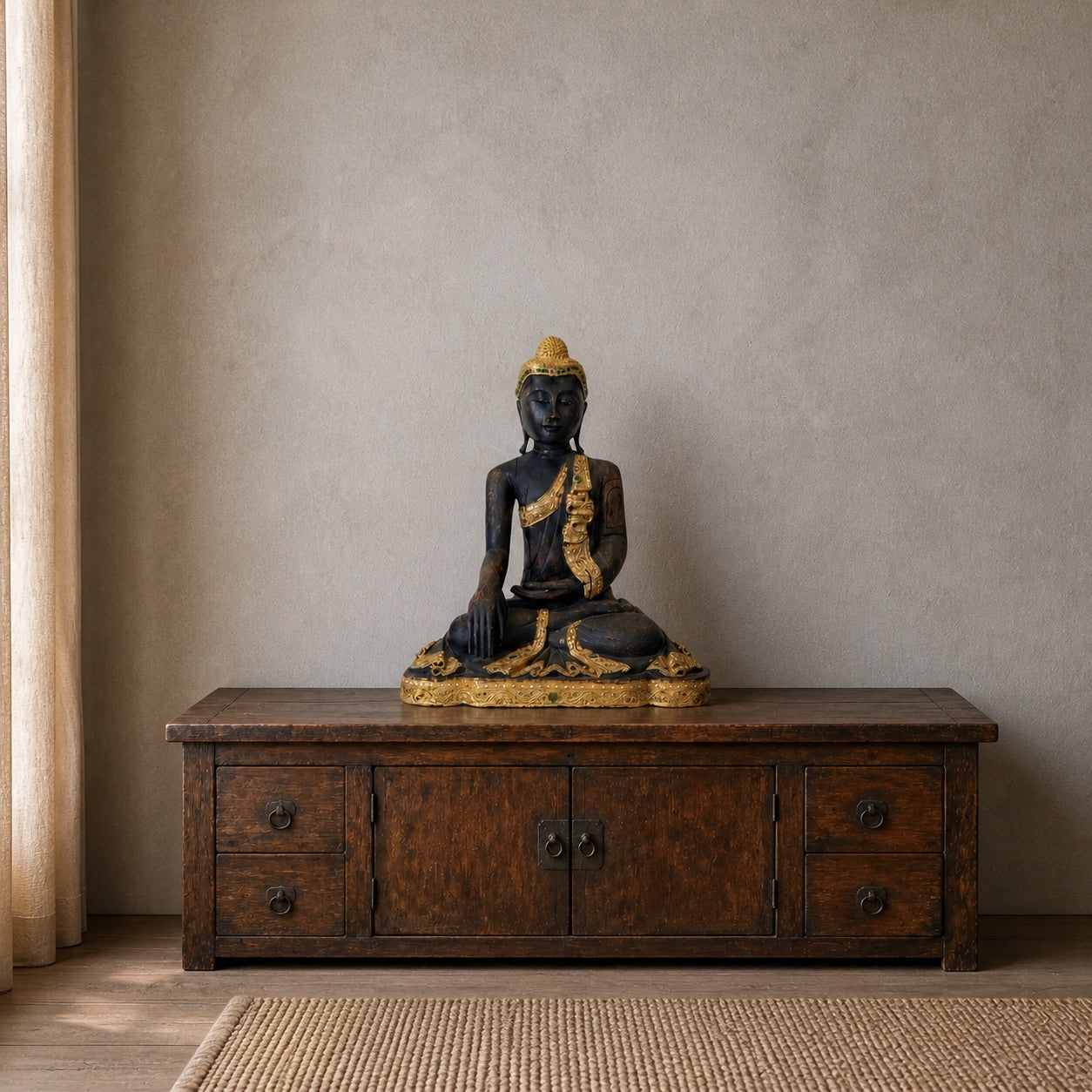 Burmese Buddha, 50.5 cm high, displayed on a wooden sideboard