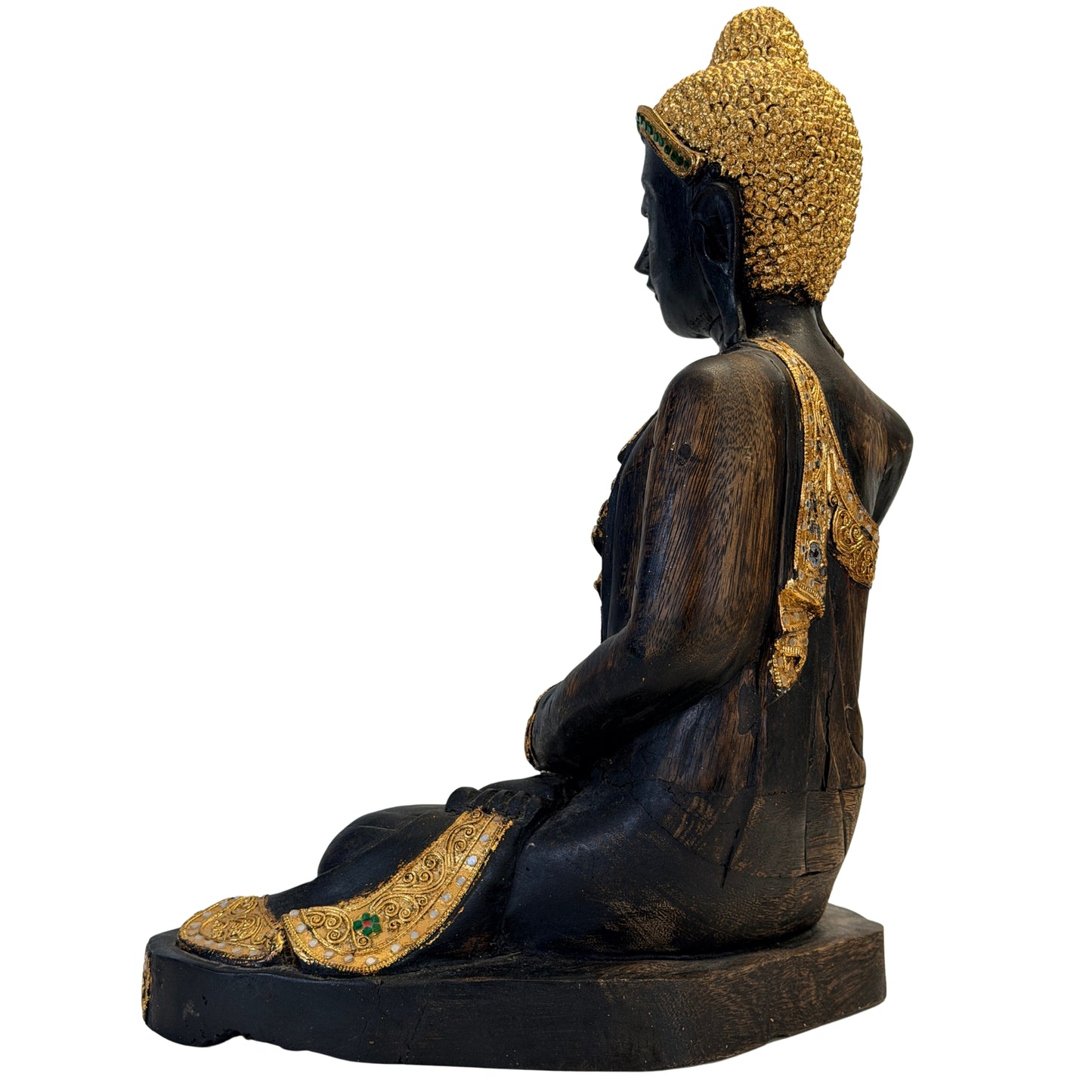 Left rear view of the antique Burmese Buddha on its base