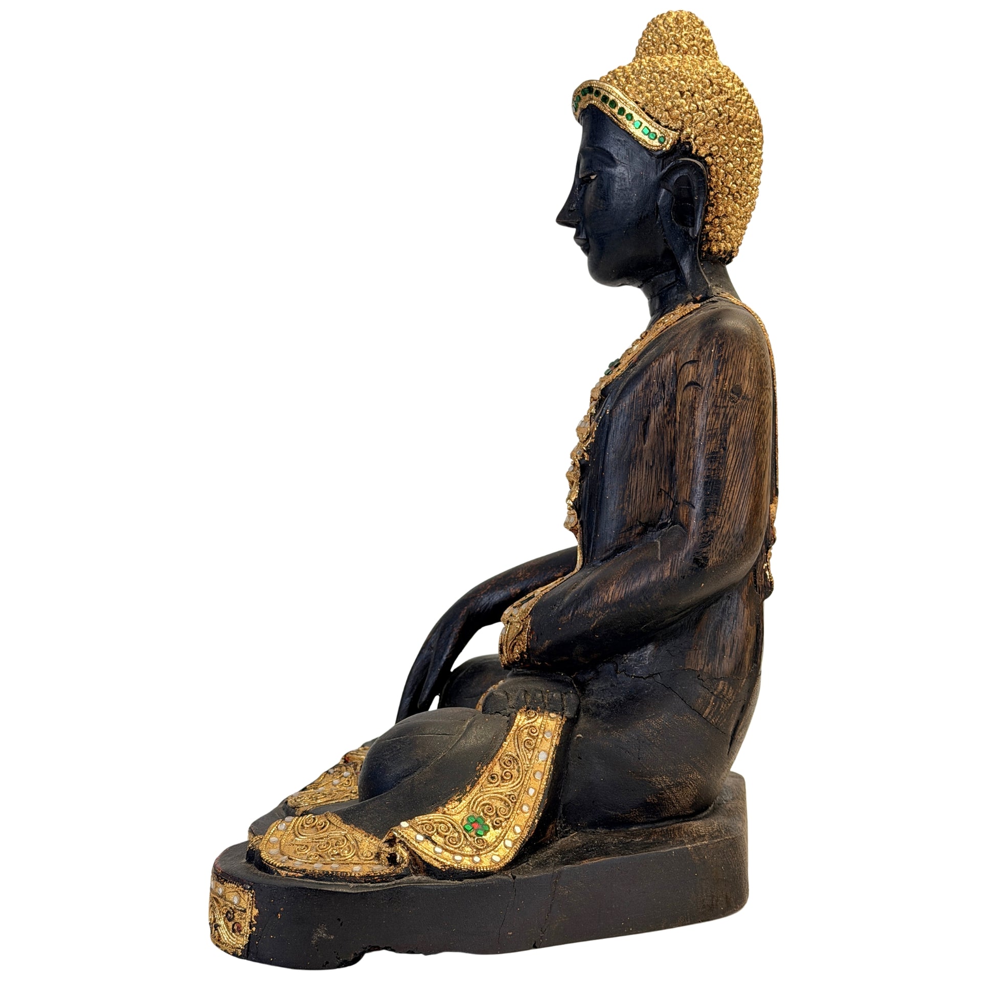 Left side view of the seated Burmese Buddha with gilding