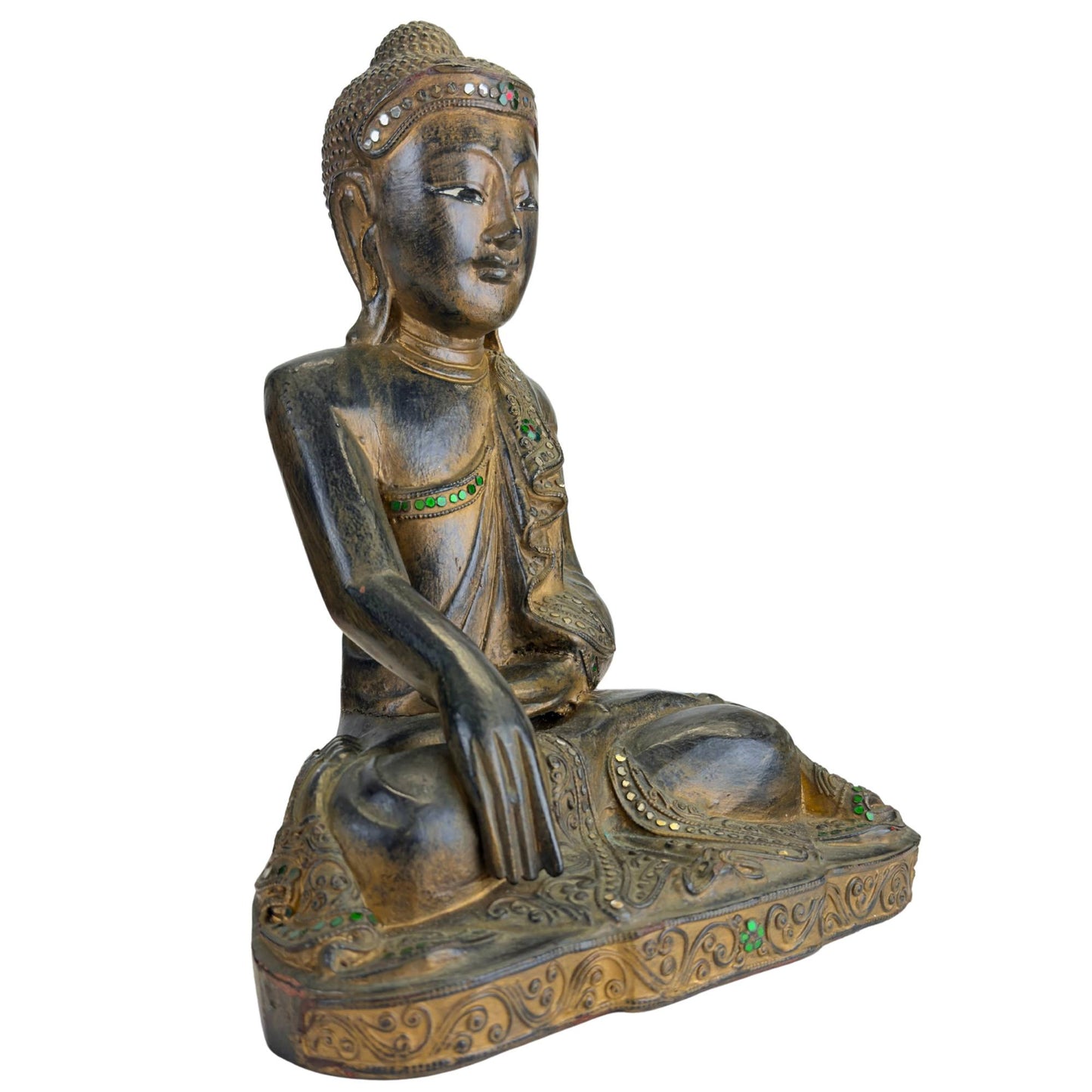 Burmese Buddha with traditional glass inlay and dark patina