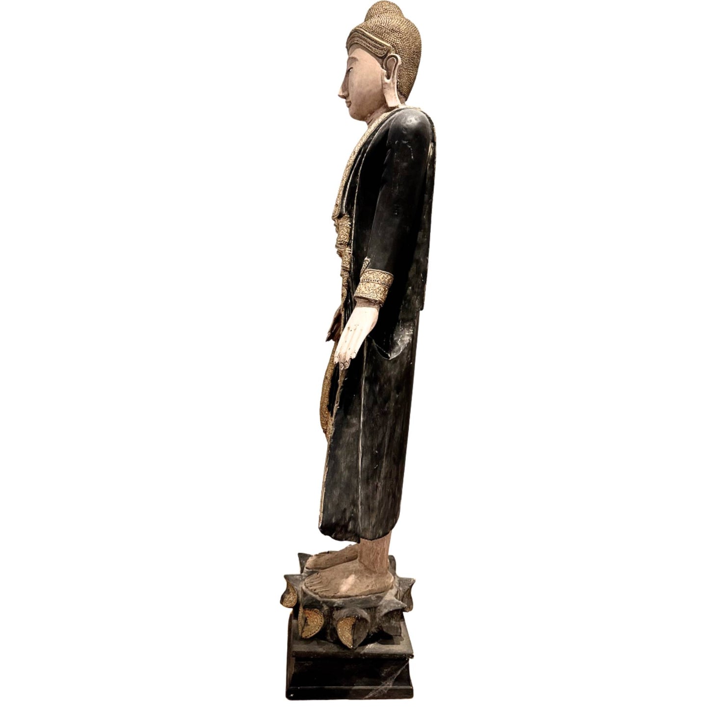 Burmese Buddha with gilded rim decoration, antique wooden temple statue with refined details and old patina