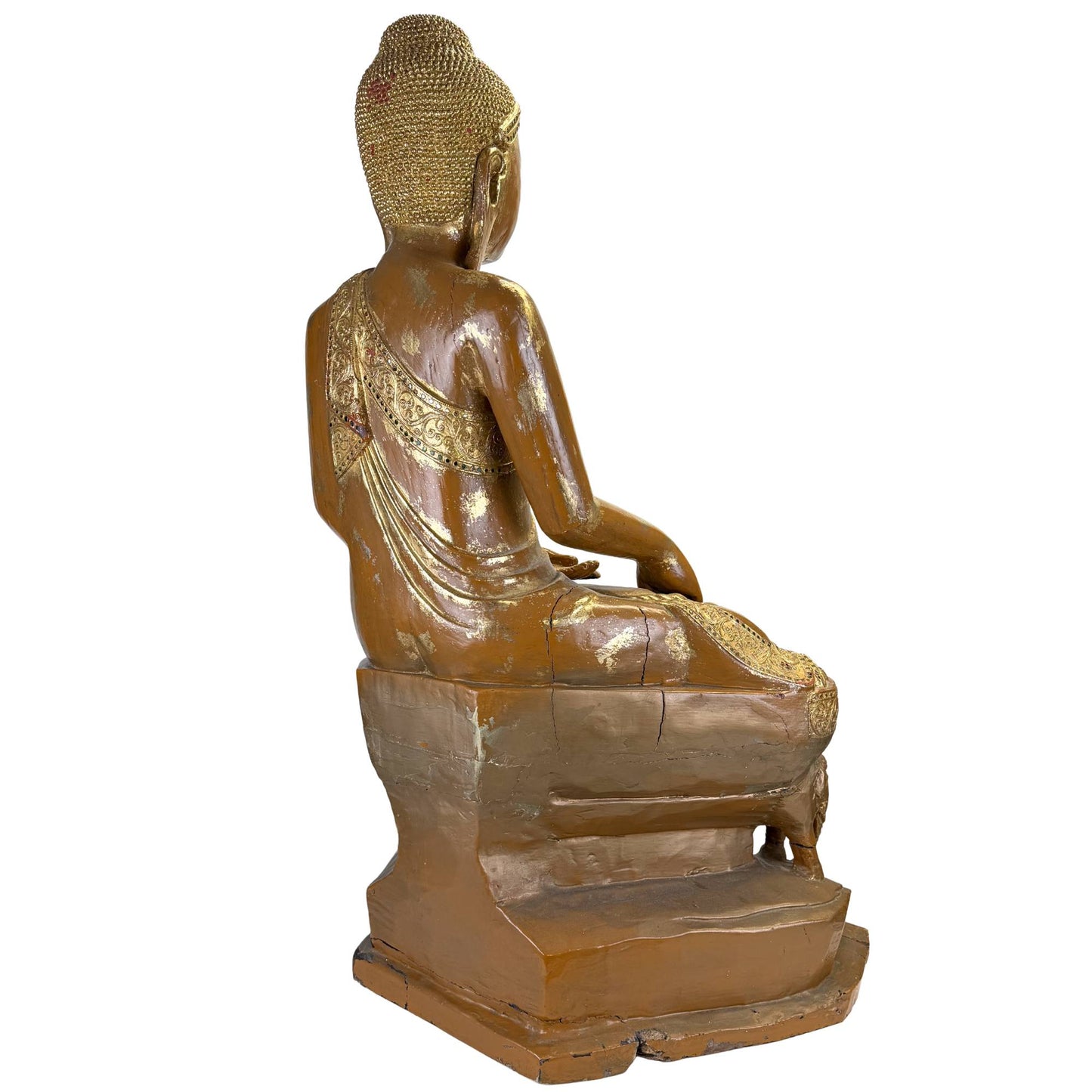 Back detail of antique Burmese Buddha with richly ornamented mantel rim, gold lacquer, and colored inlay