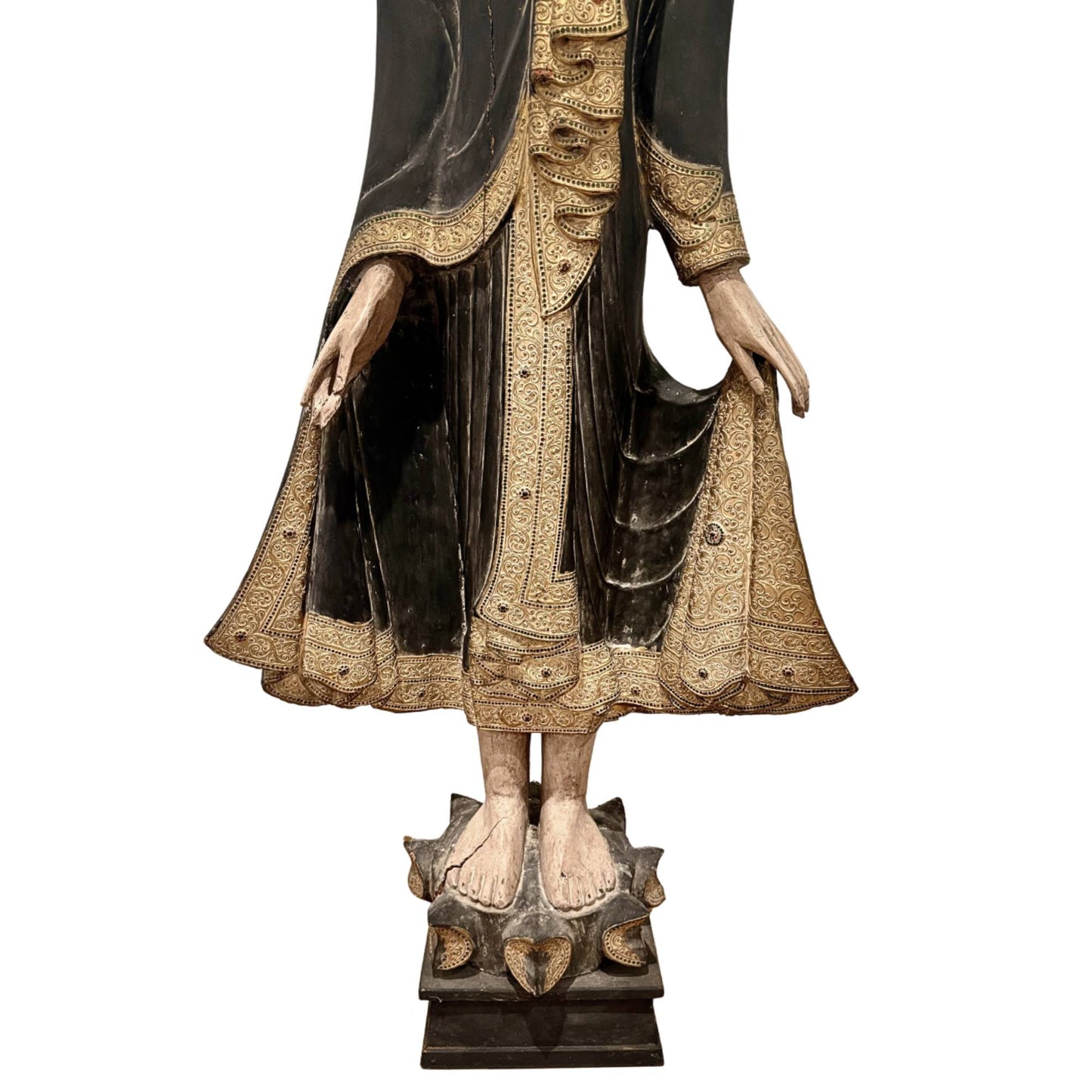 Burmese Buddha with a serene expression, 19th-century wooden statue with a soft facial shape and old painting