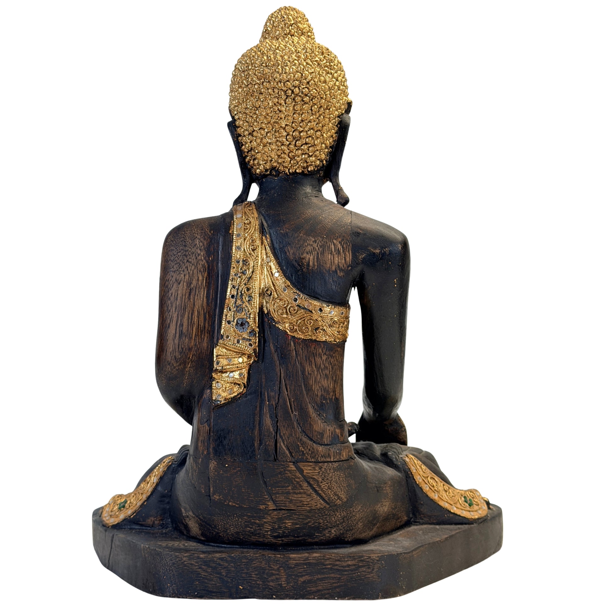 Full rear view of the black-lacquered wooden Burmese Buddha