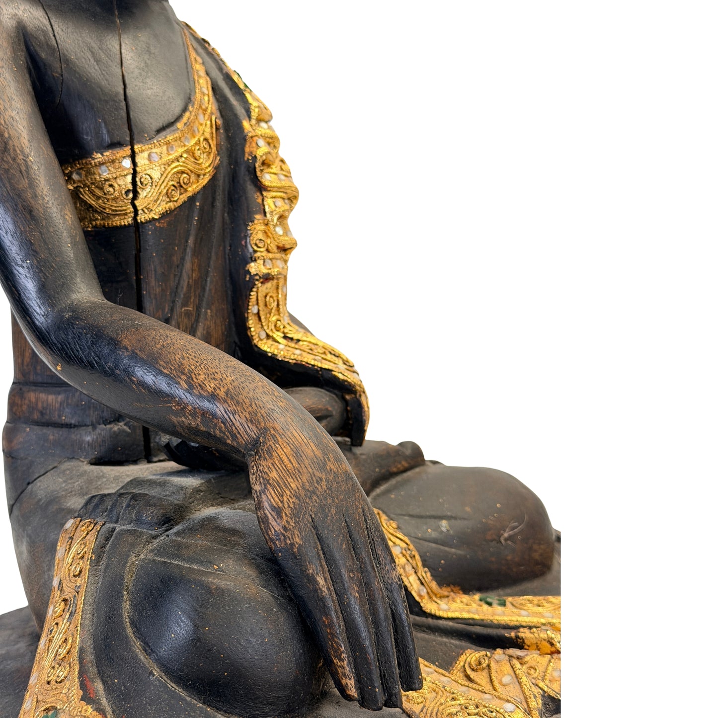 Right side view of the seated Burmese Buddha on a wooden base