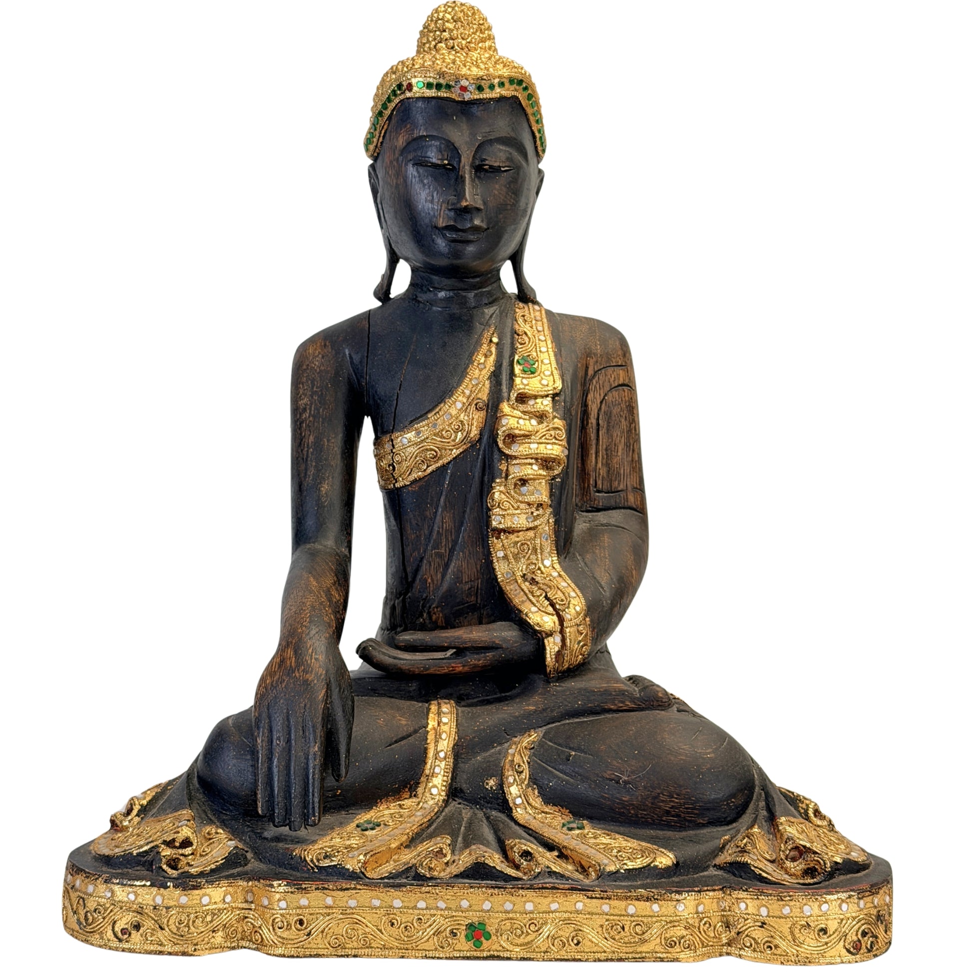 Antique Burmese Buddha in black lacquered wood with gilding and mirror-glass inlay, front view