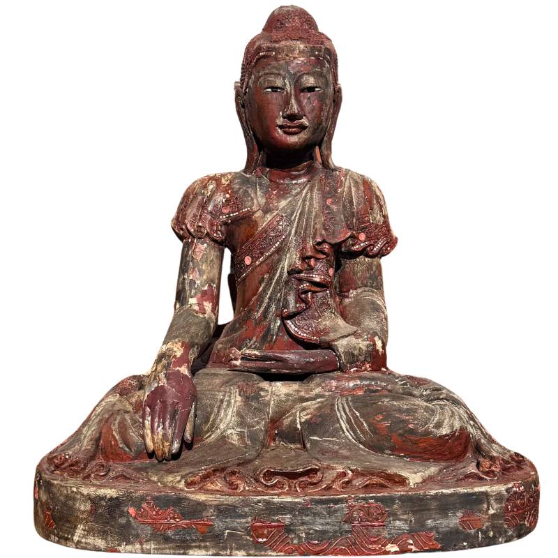 Burmese wooden Buddha sculpture in Mandalay style with mirror inlay
