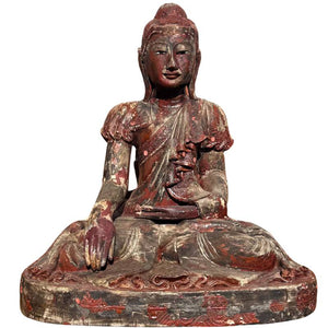 Statue de Bouddha en bois antique de Birmanie – Grand Bouddha mandala avec incrustations de miroirs