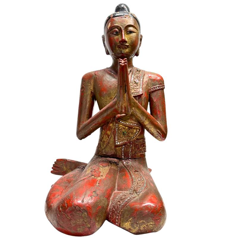 Burmese wooden monk statue with lacquer and gold leaf
