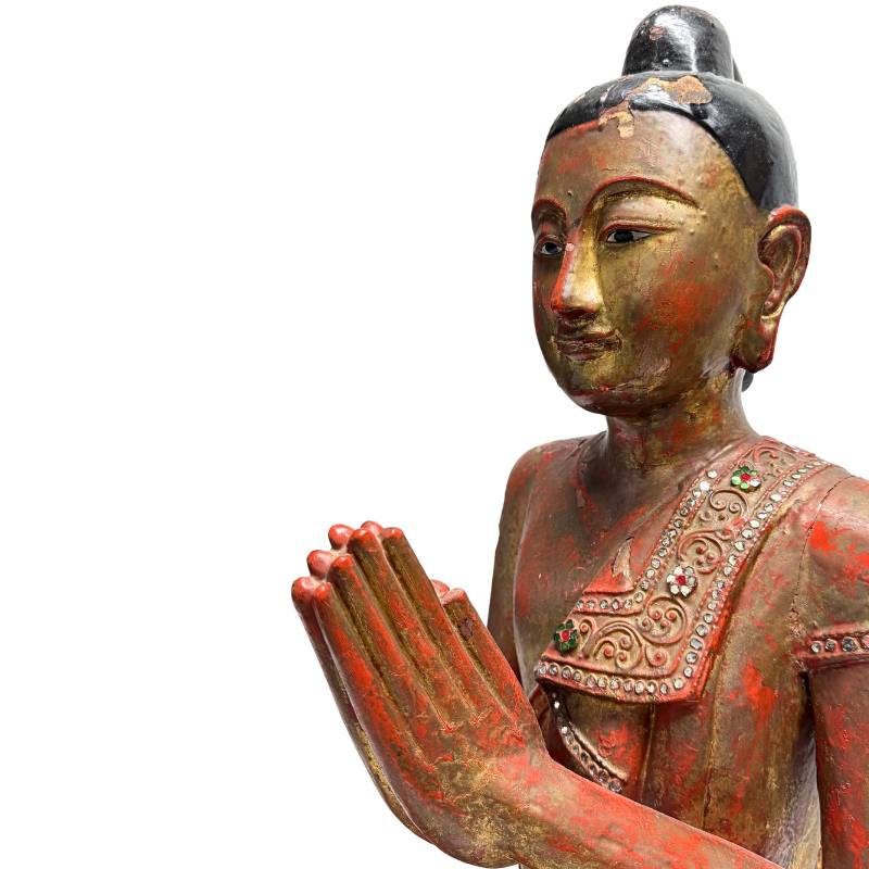 Burmese lacquer monk statue with glass inlay
