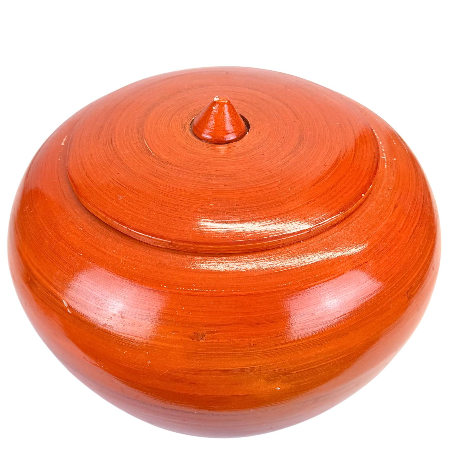 Burmese lacquerware pot with lid, red decorative sacrificial object with visible hand-turned lacquer structure