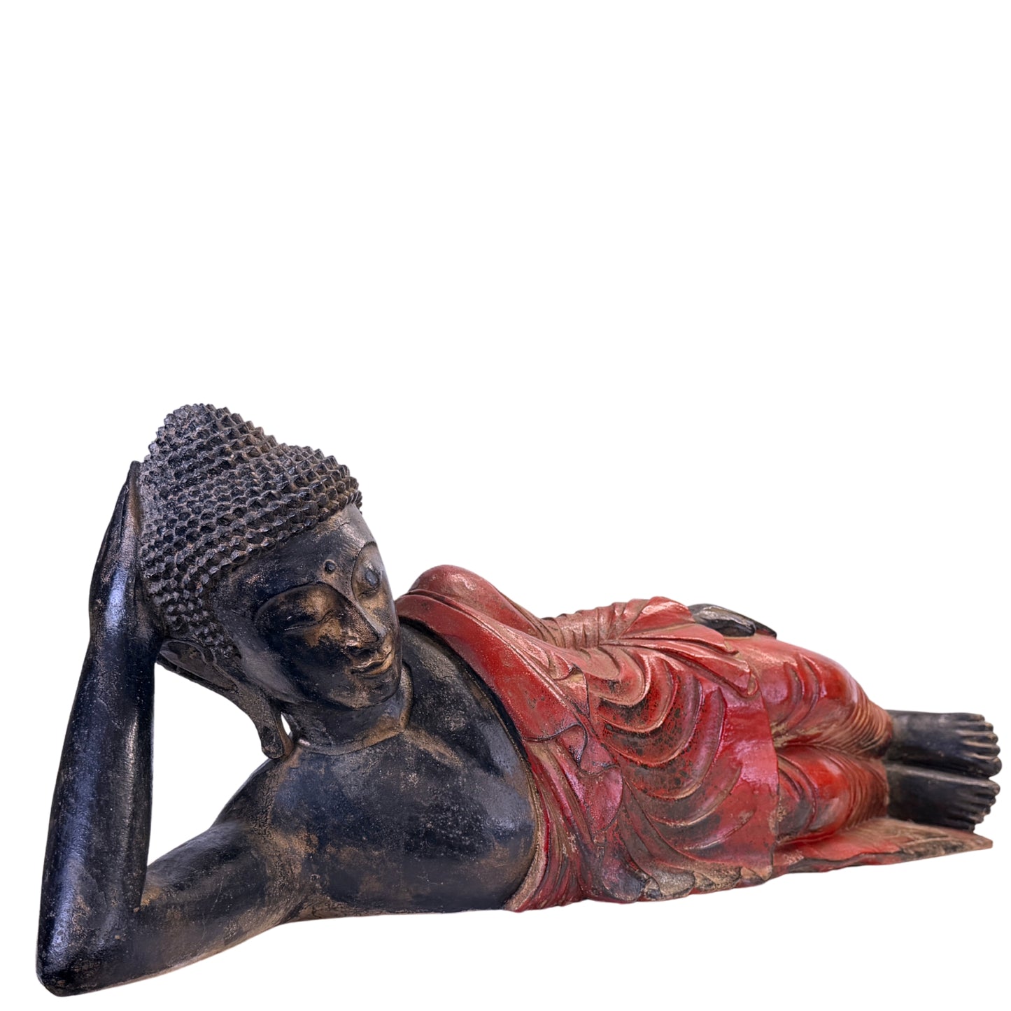 Burmese reclining Buddha with black-lacquered skin and red robe