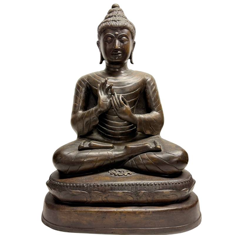 Burmese Buddha Dharmachakra Mudra bronze statue with old patina, mandala style