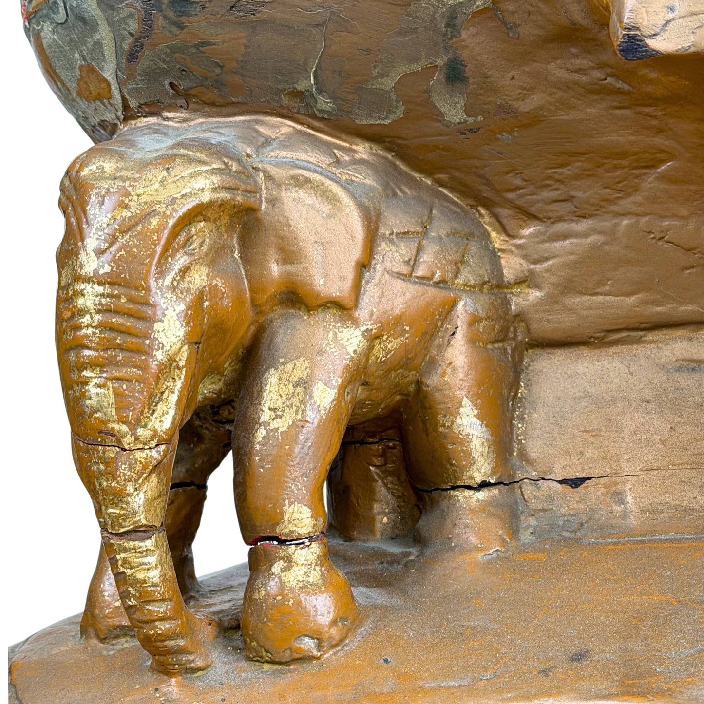 Antique Burmese temple Buddha with gold lacquer, elephant base, and richly detailed robe decoration.