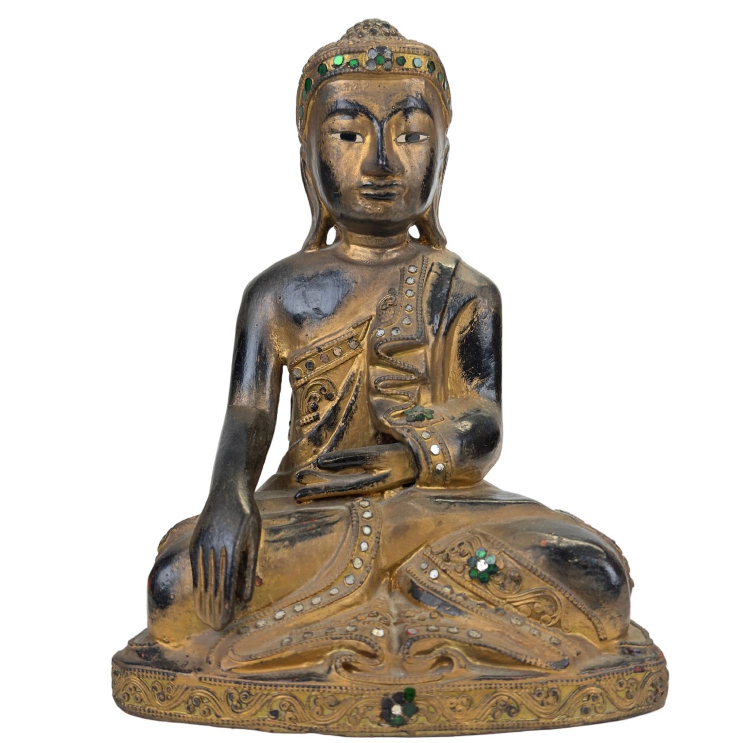 Burmese gilded wooden Buddha with glass inlay from Myanmar