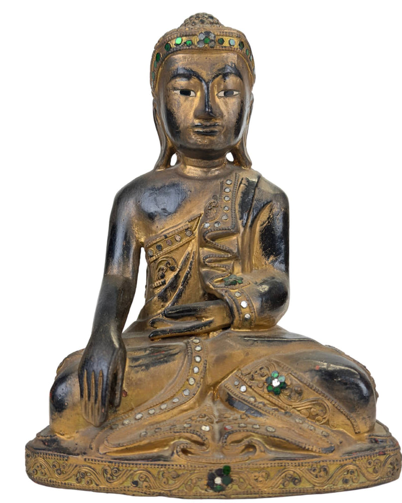 Bouddha birman en bois doré avec incrustations de verre – Style Mandalay (Myanmar)