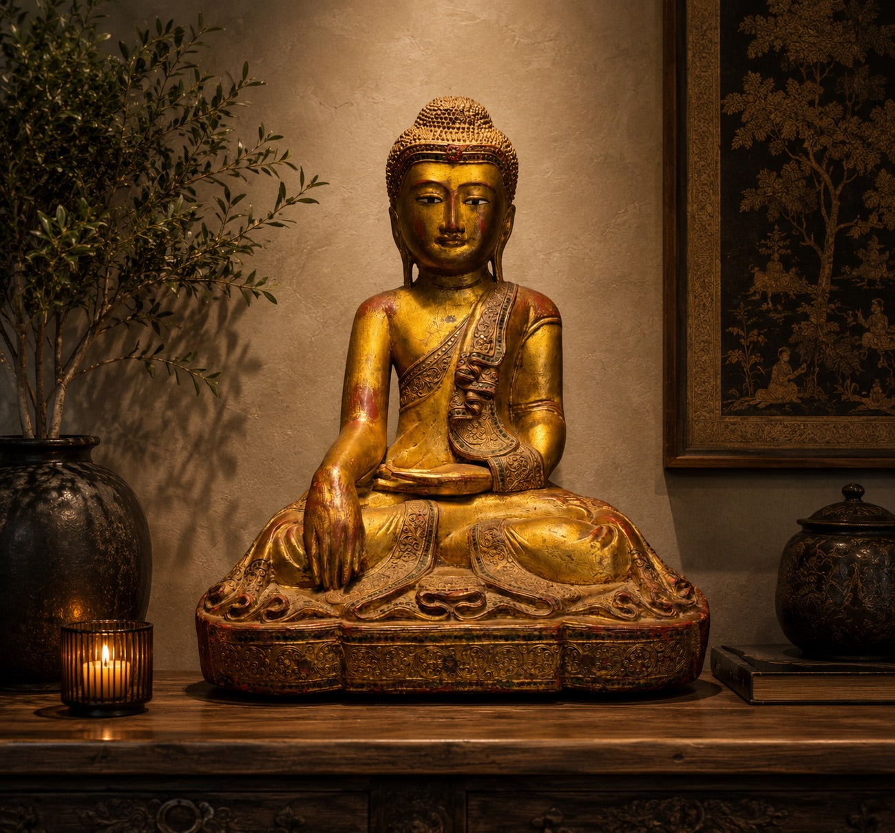 Buddha statue from Burma with inlaid eyes and a serene facial expression