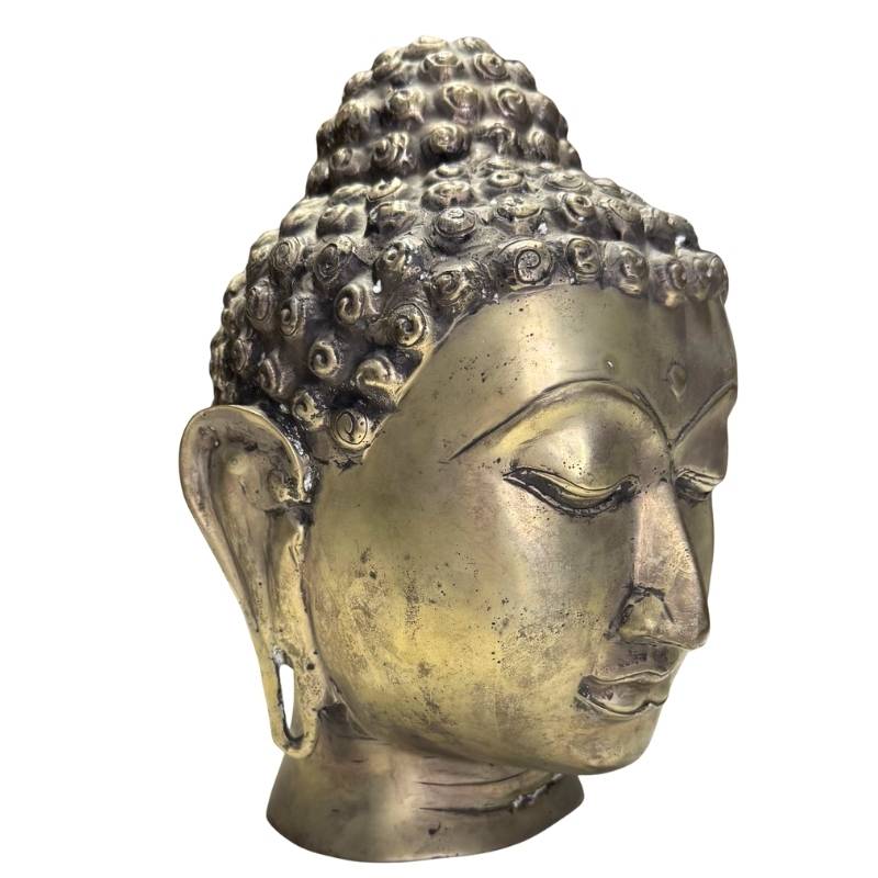 Three-quarter profile of a hand-cast Buddha head, focusing on the authentic patina.