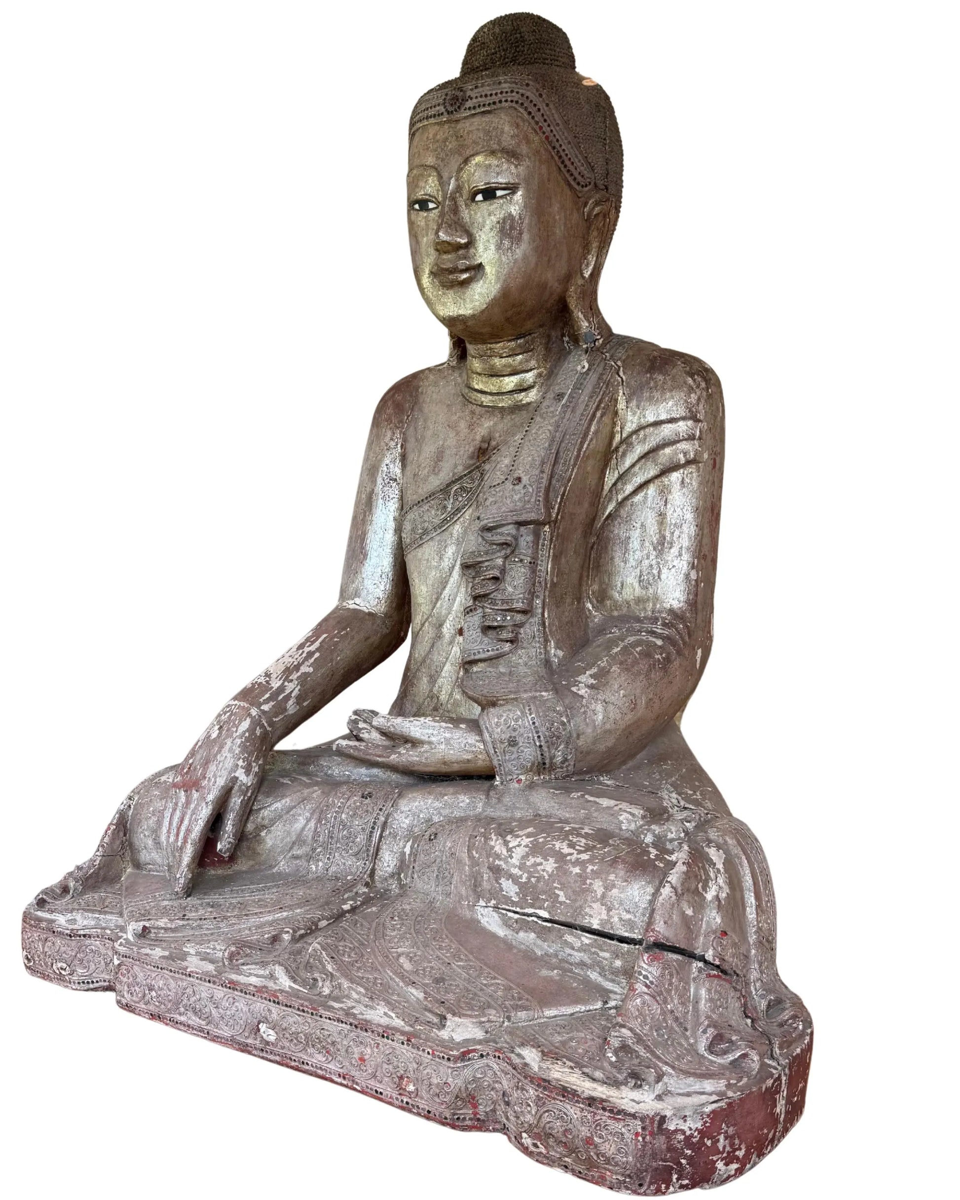 Wooden Buddha statue Mandalay style temple front art