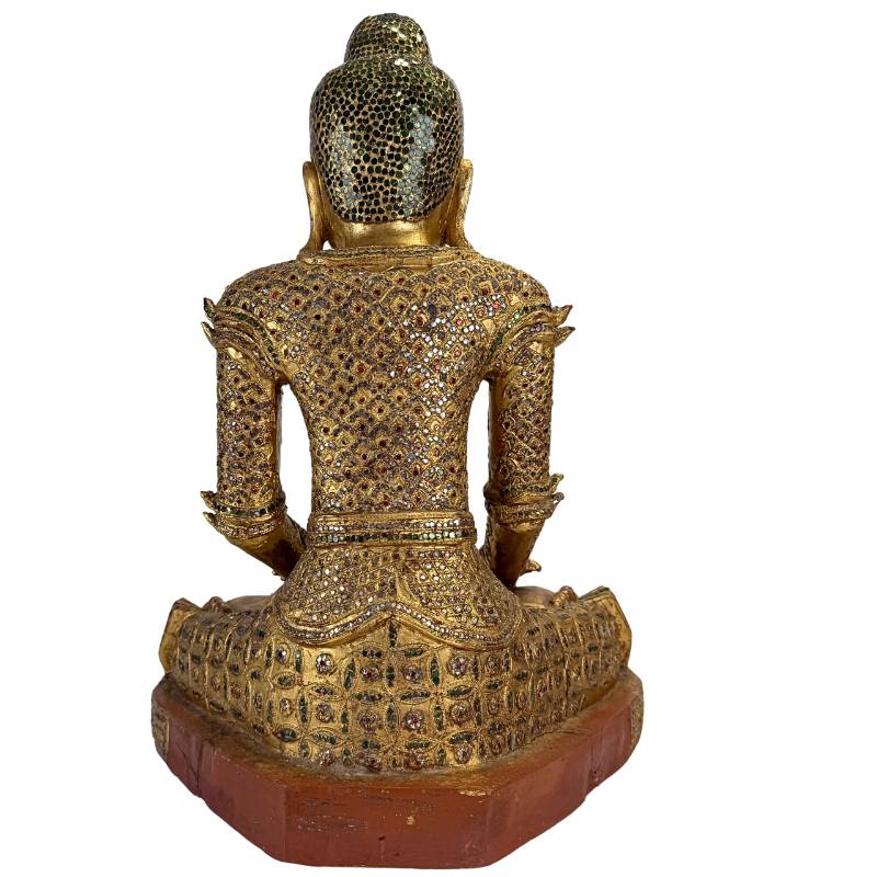 Buddha statue colored glass inlay golden patina natural wear