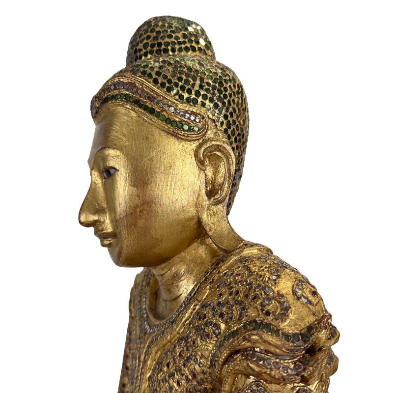 Buddha statue Myanmar mosaic glass gilded surface detail