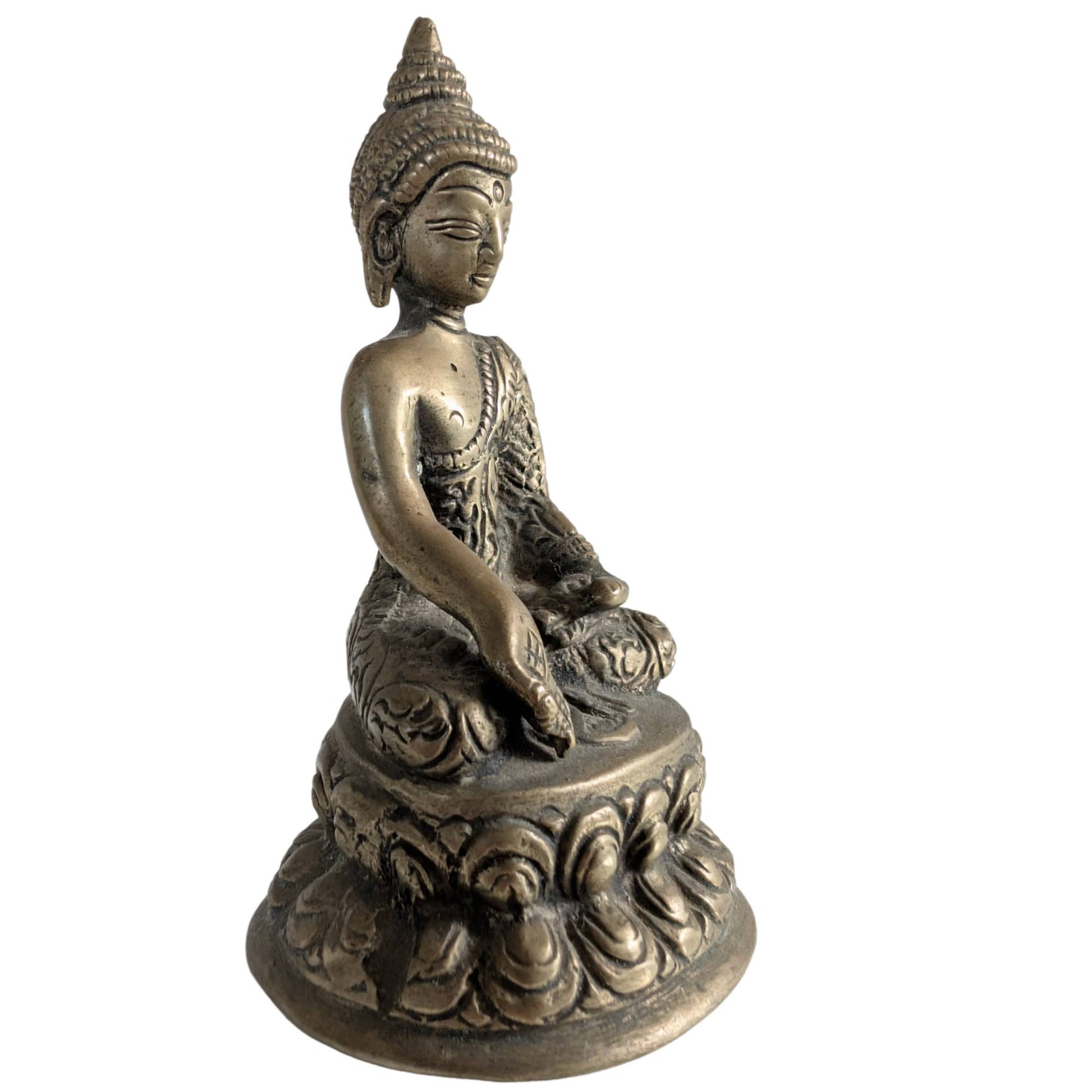 Brass Buddha in Bhumisparsha Mudra seated on a lotus base.