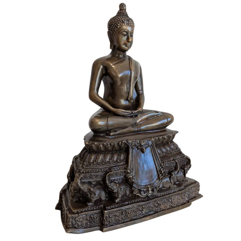 Bronze Buddha in Dhyana Mudra on a richly decorated pedestal