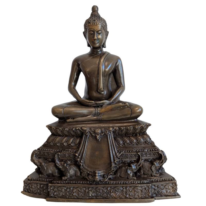 Seated Buddha in Dhyana Mudra, bronze, on an elephant pedestal