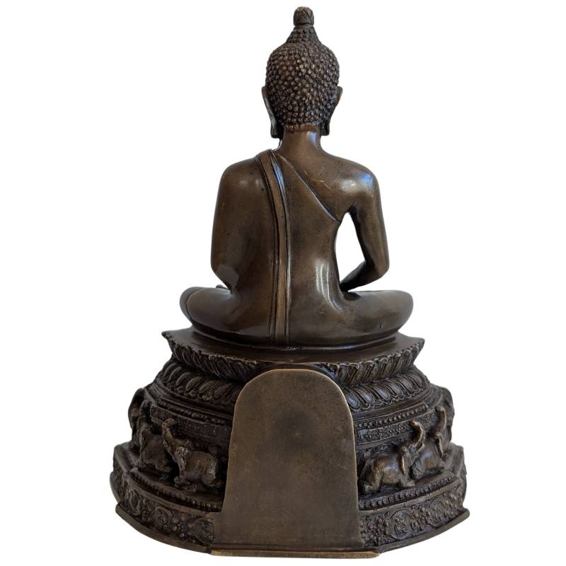 Bronze Buddha in dhyana mudra on an ornamental pedestal