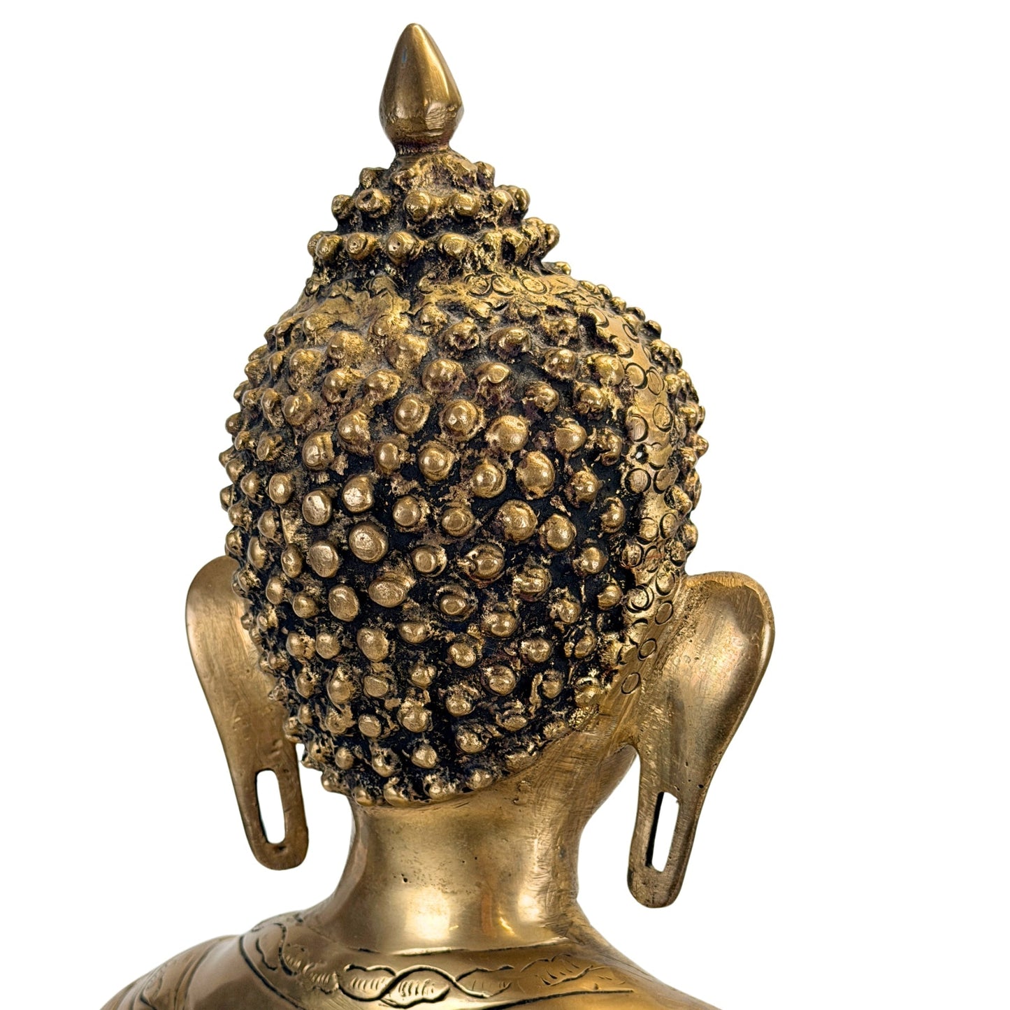 Detail van de haarcurls en ushnisha aan de achterzijde van het Boeddhahoofd