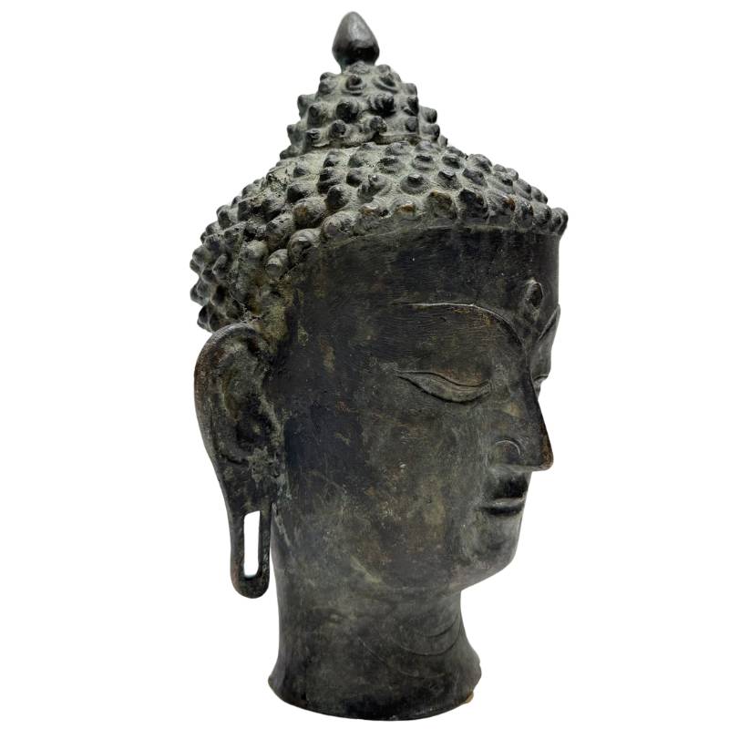 Buddha head bronze Himalaya old patina closed eyes ushnisha