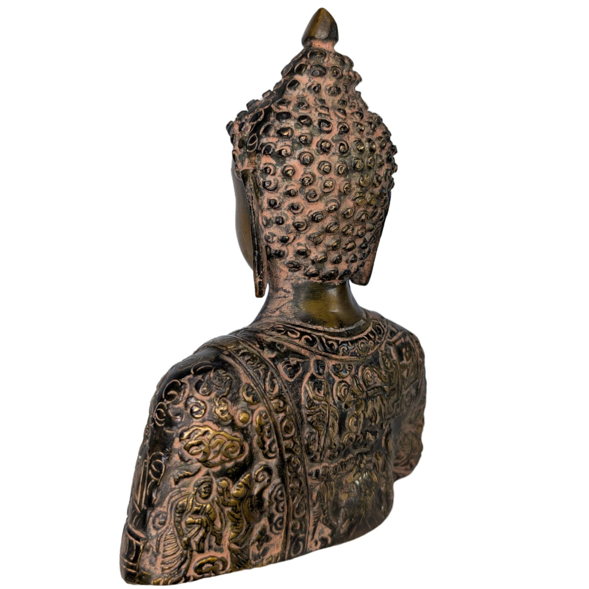 Detail of the lower edge of the bust showing the natural wear of the bronze.