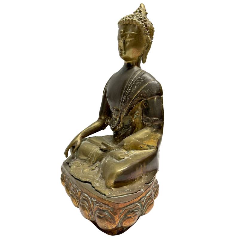 Bronze Buddha statue Sino-Tibetan bhumisparsha mudra with natural patina