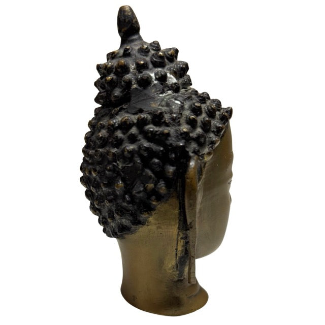 Bronze Buddha head from Nepal with clear urna and ushnisha, traditional Buddhist iconography