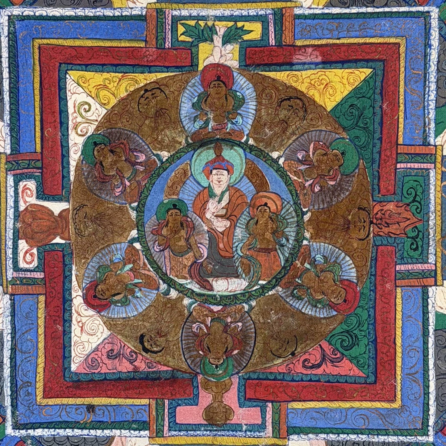 Buddhist mandala thangka from Tibet or Nepal with complex ritual representation