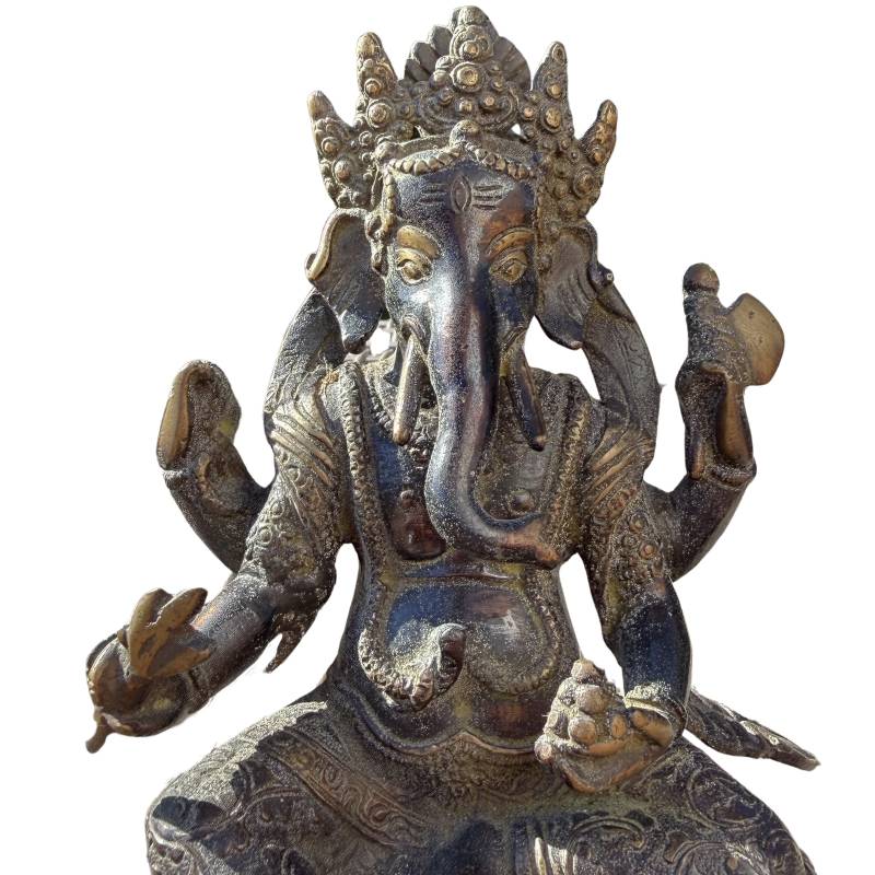 Front view from above of the bronze Ganesha statue, showing the detailed crown and the seated posture.