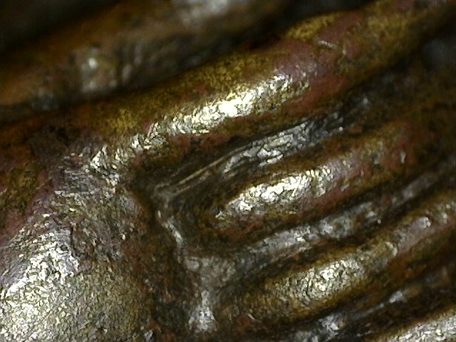 Microscope image of mineral deposits on fire-gilded bronze Brahma