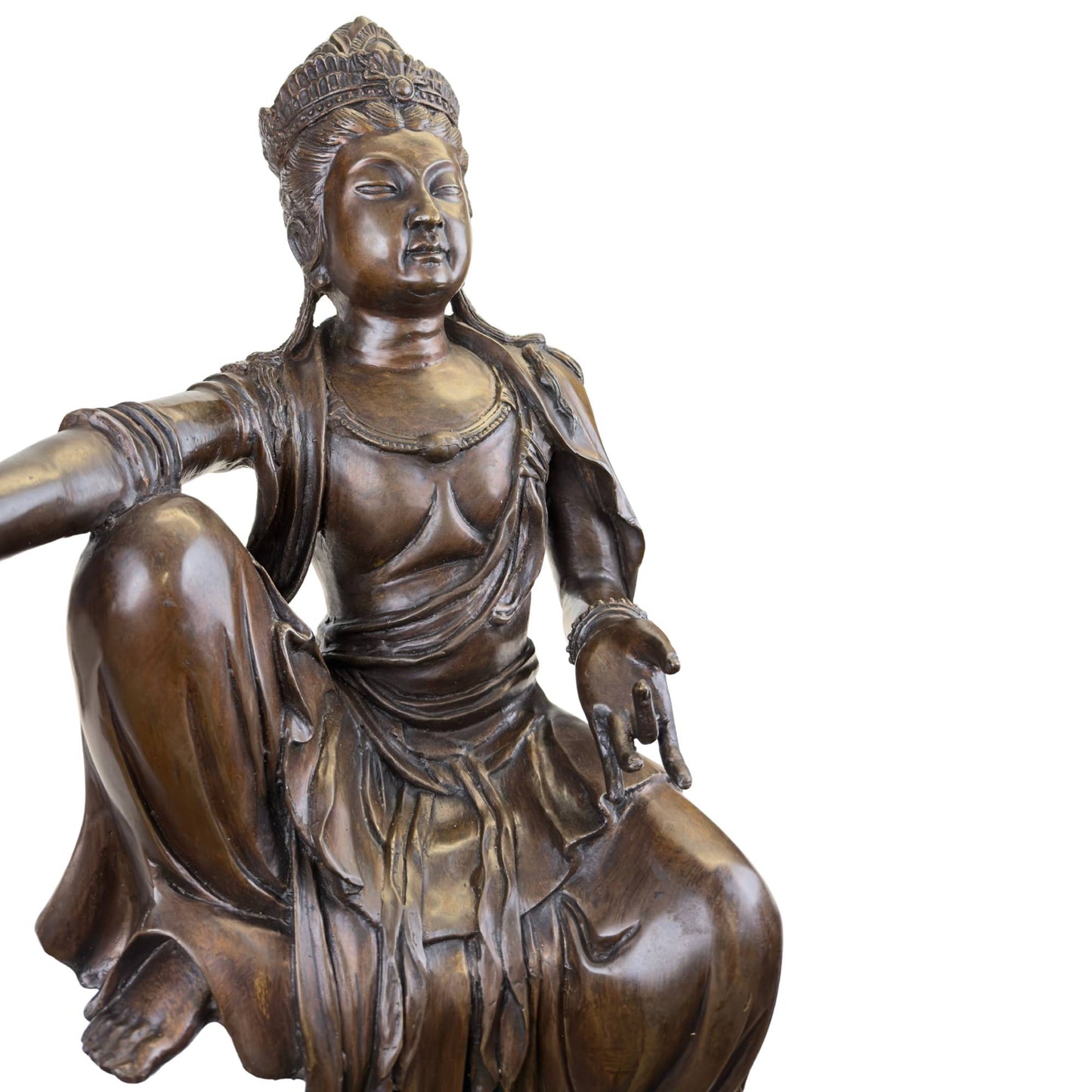 Oblique front view of the solid bronze Guanyin sculpture designed as a functional corner sitter for a cabinet or mantelpiece.
