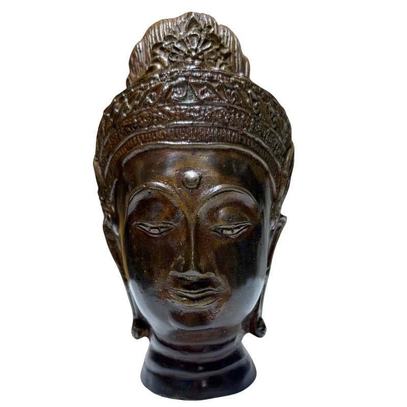 Tête de Bouddha en bronze, style khmer – Symbole de tranquillité H 20 x L 11