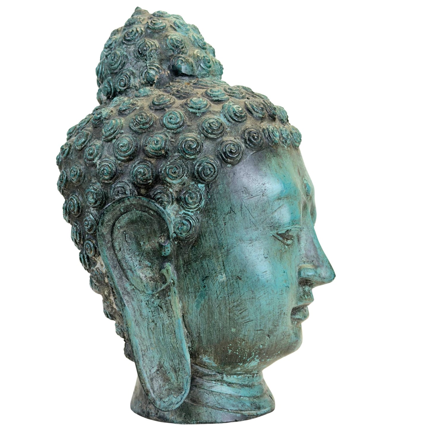 Bronze Buddha head with traditional spiral hair curls