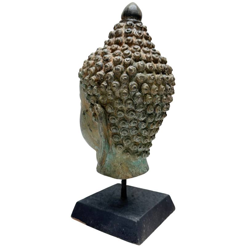 Bronze Buddha head with old greenish-brown patina from the 19th century