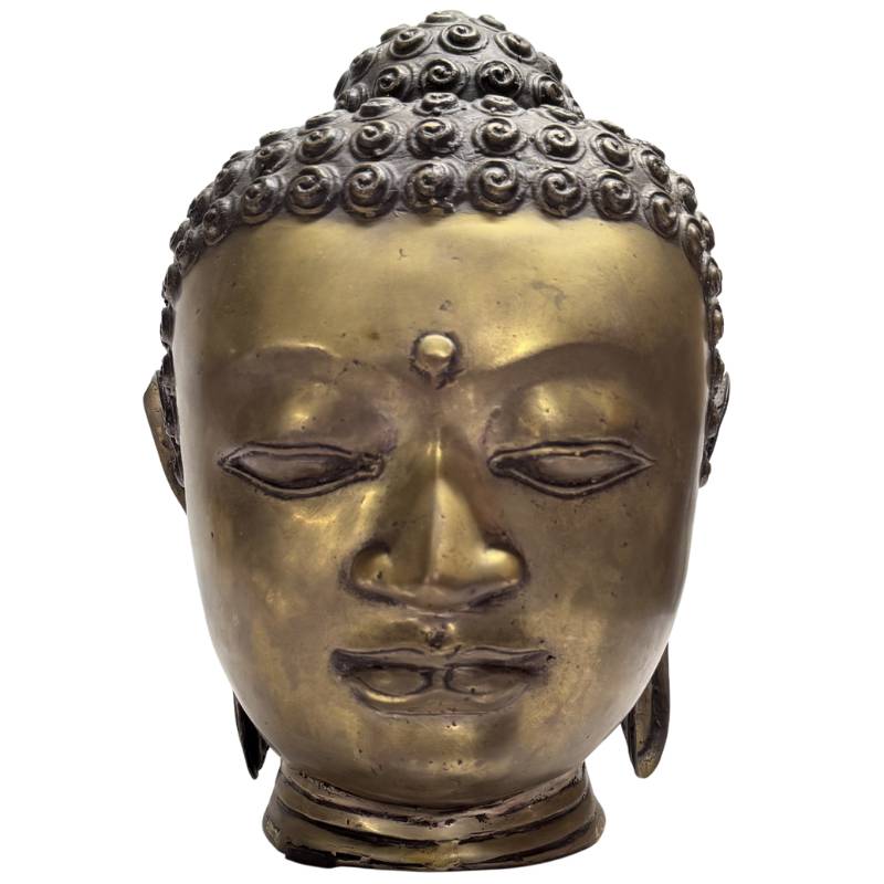 Bronze Buddha head, old gilded, Southeast Asian sculpture